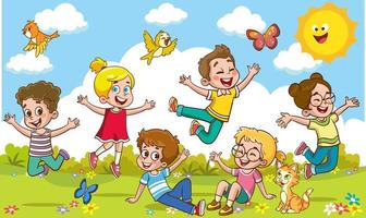 contento pequeño niños teniendo divertida. vector ilustración de linda niños saltando bailando