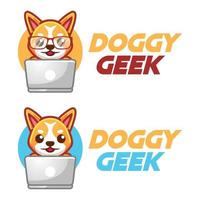 Modern vector flat design simple minimalist logo template of corgi dog geek nerd smart mascot character vector collection for brand, emblem, label, badge. Isolated on white background.