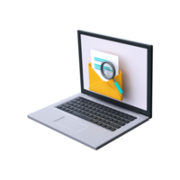 Mail search 3d icon. Letter with magnifying glass on laptop screen. png