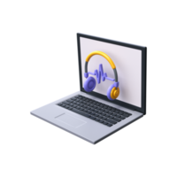 3d Laptop mit Kopfhörer Symbol auf das Bildschirm. online Hören zu Musik. png