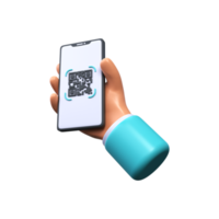 Hand holds a smartphone for payment with a QR code. 3d render. png