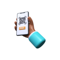 The hand holds a smartphone for payment with a QR code. 3d render. png