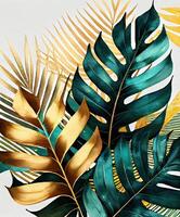 Monstera and palm leaves floral watercolor golden green background. photo