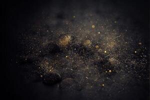 Black texture background with small golden glitter bokeh sparkles lights. Nebula and stars in space. AI generated photo