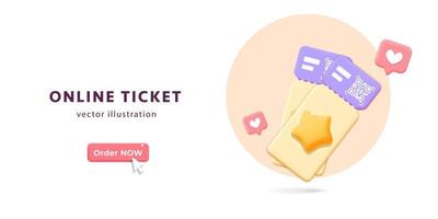 3d vector template banner for landing page for online ordering or paying movie cinema tickets coupon with qr code and like symbol design