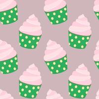Seamless pattern of sweet multicolored delicious cupcakes with cream on a pink background. Vector illustration of a dessert in a flat style.