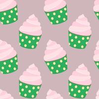 Seamless pattern of sweet multicolored delicious cupcakes with cream on a pink background. Vector illustration of a dessert in a flat style.