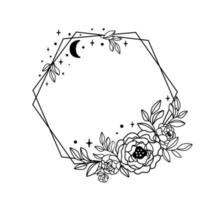 Line art celestial frame with floral bouquet, stars moon. Outline black geometric frame decorated leaves. Vector botanical graphic element. Esoteric linear illustration for wedding card, invitations.