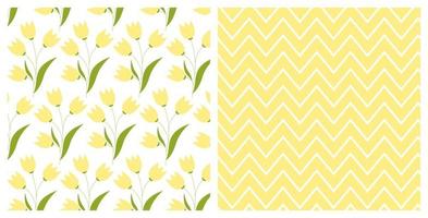 Set of seamless patterns with hand drawn doodle tulip flowers and chevron pattern on isolated background. Design for mothers day, Easter, springtime and summertime celebration, scrapbooking. vector