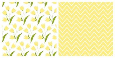 Set of seamless patterns with hand drawn doodle tulip flowers and chevron pattern on isolated background. Design for mothers day, Easter, springtime and summertime celebration, scrapbooking. vector