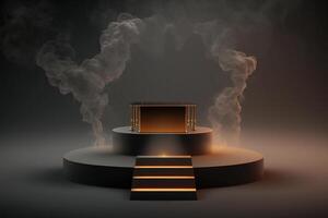 Realistic 3D podium with smoke and dark color for product display. photo