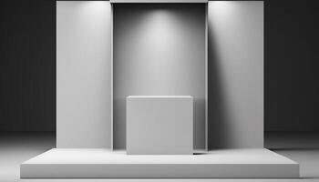 Realistic 3D white theme podium for product display. photo