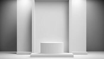 Realistic 3D white theme podium for product display. photo