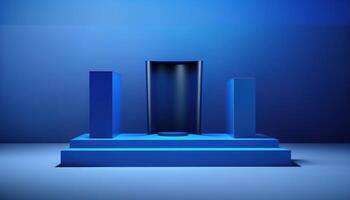 Realistic 3D blue theme podium for product display. photo