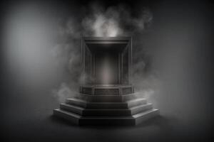 Realistic 3D podium with smoke and dark color for product display. photo