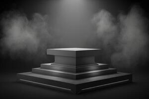 Realistic 3D podium with smoke and dark color for product display. photo