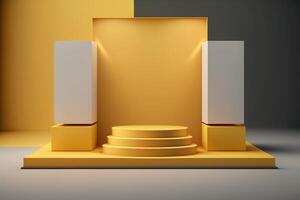 Realistic 3D yellow theme podium for product display. photo