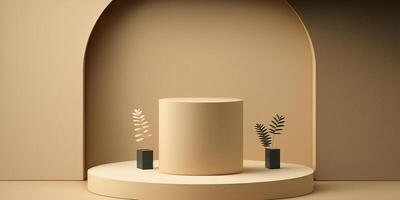 Realistic 3D beige theme podium for product display. photo