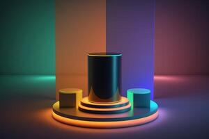 Realistic 3D cylinder with a colorful neon light podium for product display. photo