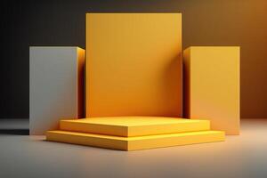 Realistic 3D yellow theme podium for product display. photo