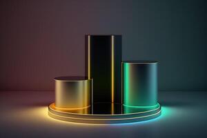 Realistic 3D cylinder with a colorful neon light podium for product display. photo