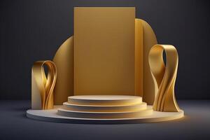 Realistic 3D luxury and golden podium for product display. photo