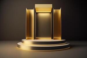 Realistic 3D luxury and golden podium for product display. photo