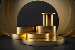 Realistic 3D luxury and golden podium for product display. photo