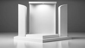 Realistic 3D white theme podium for product display. photo