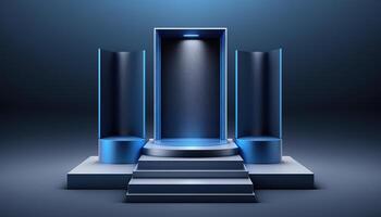 Realistic 3D blue theme podium for product display. photo