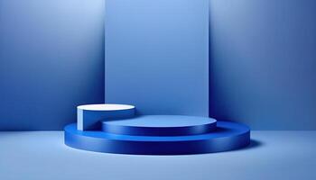 Realistic 3D blue theme podium for product display. photo