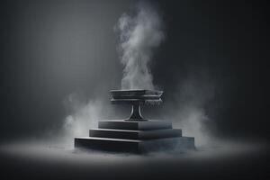 Realistic 3D podium with smoke and dark color for product display. photo