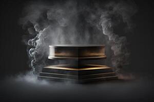 Realistic 3D podium with smoke and dark color for product display. photo