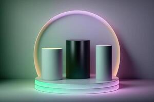 Realistic 3D cylinder with a colorful neon light podium for product display. photo