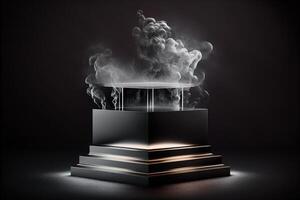 Realistic 3D podium with smoke and dark color for product display. photo