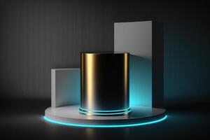 Realistic 3D cylinder with a colorful neon light podium for product display. photo