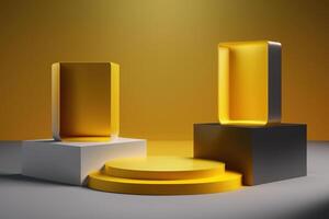 Realistic 3D yellow theme podium for product display. photo