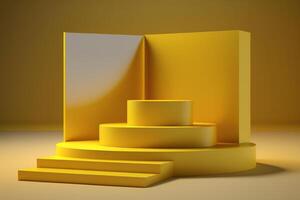 Realistic 3D yellow theme podium for product display. photo