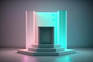 Realistic 3D podium with neon light and pastel color for product display. photo