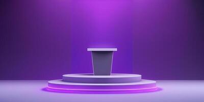 Realistic 3D purple theme podium for product display. photo