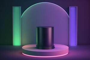 Realistic 3D cylinder with a colorful neon light podium for product display. photo