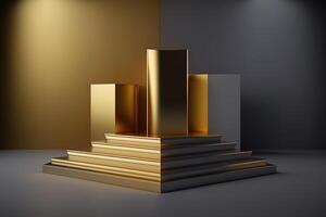 Realistic 3D luxury and golden podium for product display. photo