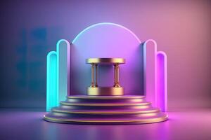 Realistic 3D podium with neon light and pastel color for product display. photo