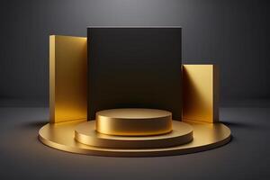 Realistic 3D luxury and golden podium for product display. photo