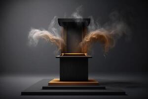 Realistic 3D podium with smoke and dark color for product display. photo