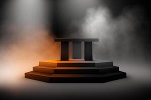 Realistic 3D podium with smoke and dark color for product display. photo