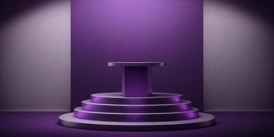 Realistic 3D purple theme podium for product display. photo