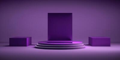 Realistic 3D purple theme podium for product display. photo