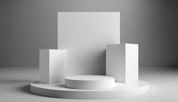 Realistic 3D white theme podium for product display. photo