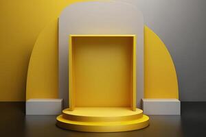 Realistic 3D yellow theme podium for product display. photo